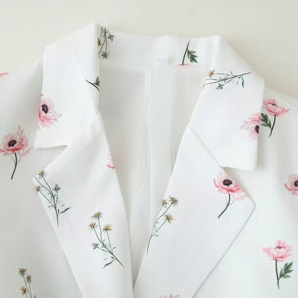 White Elegant Women's Flower Printed V Neck Lace Up Blazer Long Sleeve - Picture 6 of 7